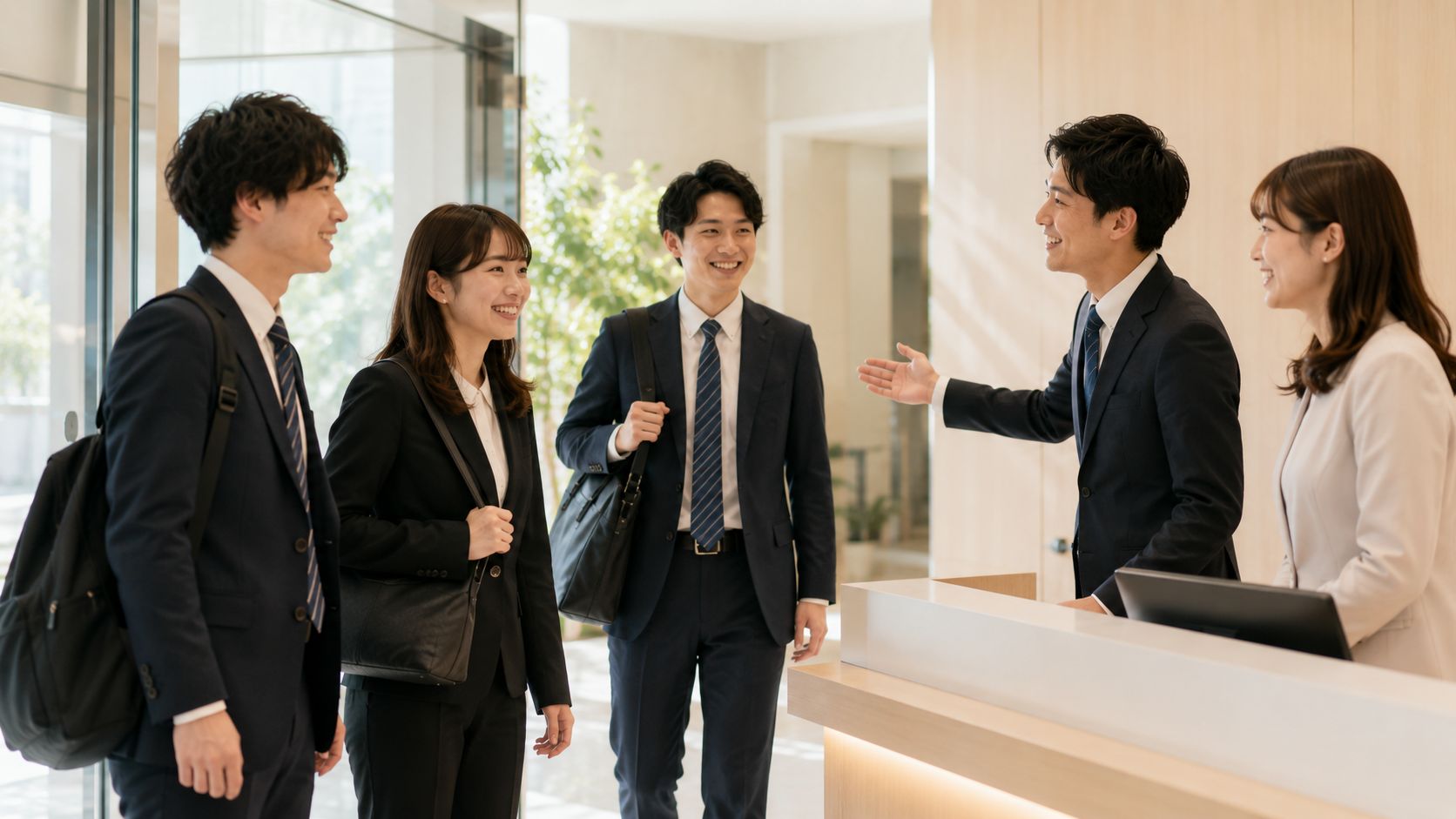 学生を迎える社員